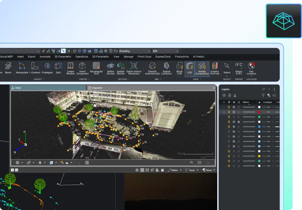 Civil & Survey инструментариум в BricsCAD с облаци от точки, геолокация и IFC експортиране