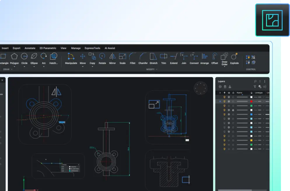 2D чертане и анотации в BricsCAD с интерфейс за стандартни инструменти и работа със слоеве