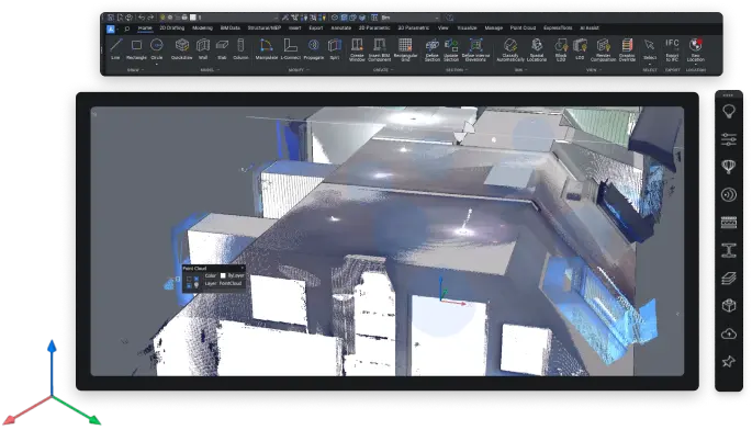 Обработка и визуализация на point cloud сканиране на интериорна сцена в BricsCAD с активирани инструменти за BIM анализ и моделиране