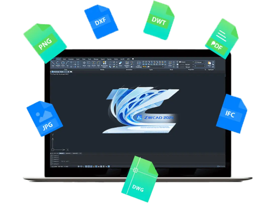 ZWCAD Standard интерфейс с тъмен фон и архитектурен чертеж на офис етаж, включващ прозорец за принтиране и панел с настройки на слоеве и шарки