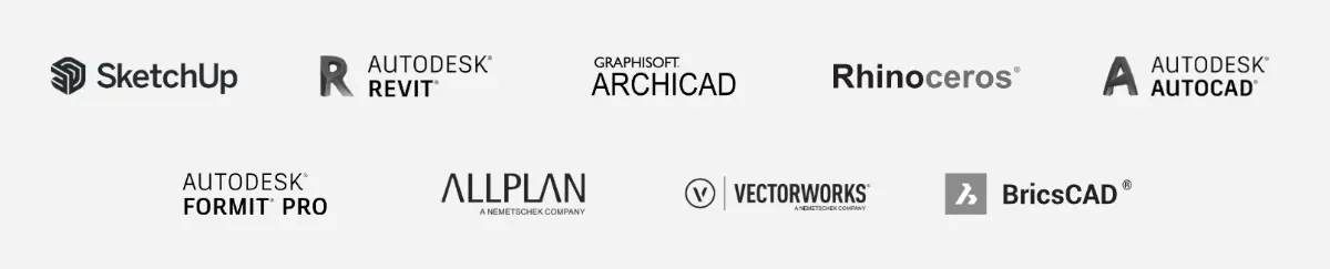 Лога на софтуери съвместими с Lumion Pro, включително SketchUp, Revit, Archicad, Rhinoceros, AutoCAD, Allplan, BricsCAD