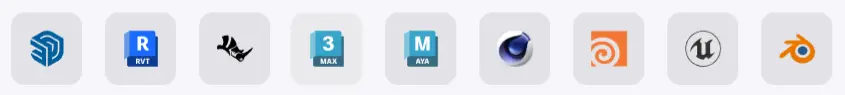 Списък с иконки на софтуери, съвместими с V-Ray: SketchUp, Revit, Rhino, 3ds Max, Maya, Cinema 4D, Houdini, Unreal Engine и Blender